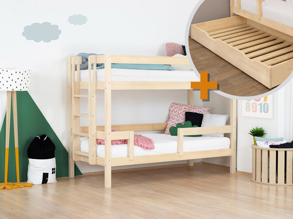 Sada: Patrová postel ULURU s dřevěným úložným šuplíkem BUDDY na kolečkách (Varianta S roštem a plným dnem, Zvolte barvu Transparentní vosková lazura matná)
